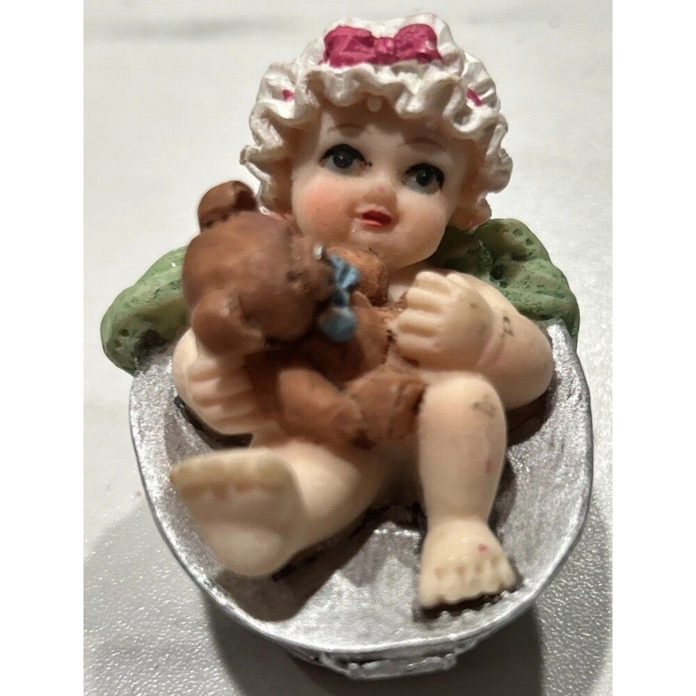 Vintage Baby In A Bath Bucket With Teddy Bear Figurine 2”x3” Trinket